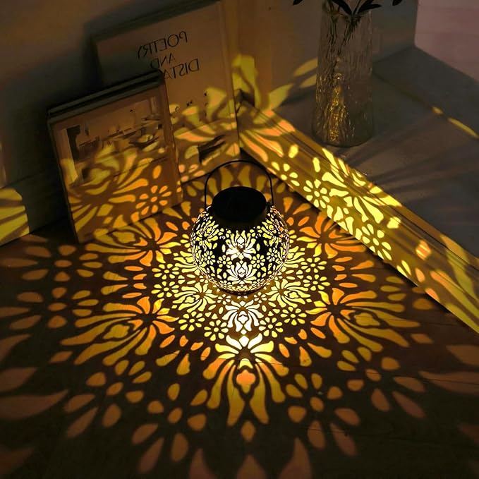 2 Pack Solar Lanterns Outdoor Gifts, IP44 Waterproof Hanging Solar Lights Decor Lamp for Garden, Patio, Pathway, Yard, Porch (Shiny Gold Flower)