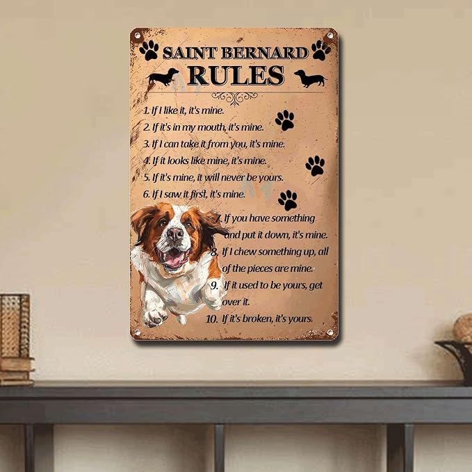 Metal Sign Tin Sign Vintage Wall Art Saint Bernard Rules Bar Signs for Home Decor for Pub 8×12 Inches