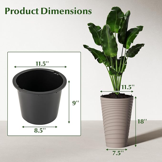 Giantex 18" Tall Flower Pot Set of 2, Modern Decorative Planter Pots w/Insert Bucket, Handle, Drainage Holes, Round Spiral Textured Flower Pots for Outdoor Indoor Garden Patio Front Porch (Brown)