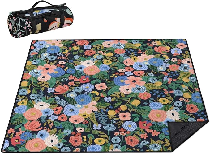 Picnic Blankets Waterproof Foldable Extra Large,80"x 80" Outdoor Beach Blanket Sandproof,3-Layer Lightweight Handy Mat Tote Picnic Camping Rugs for Outside Your Rv (Garden Party Floral Navy)