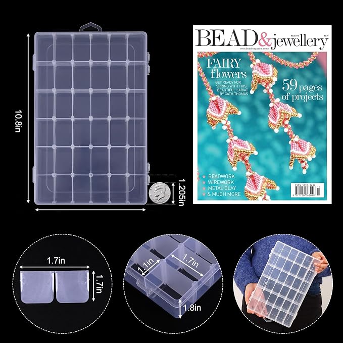 OUTUXED 4 Pack 36 Grids Plastic Bead Organizer Box with Dividers, Clear Craft Tackle Box Parts Storage Containers with Compartments for Jewelry Fishing Tackle Art DIY with 5 Sheets Label Stickers
