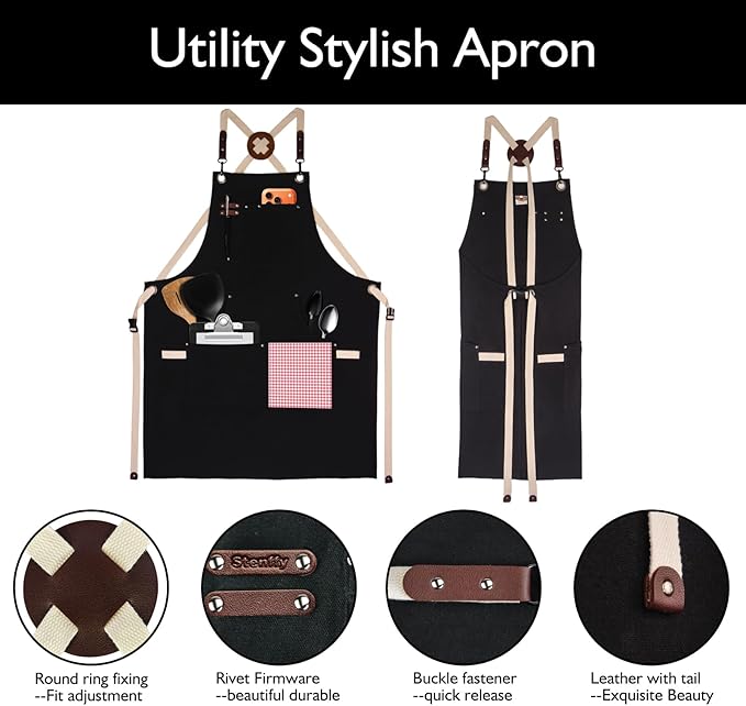 10 Pack Kitchen Apron, Work Apron, Canvas Apron, Black | Multiple Pockets, Gardening, Painting, BBQ, Artist, Carpenter, Sizes M to XXL