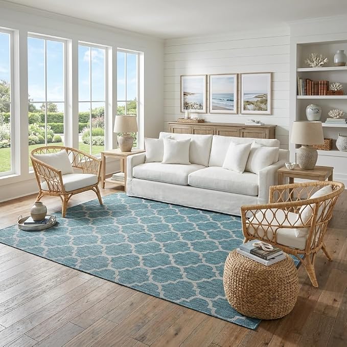 Unique Loom Outdoor Trellis Collection Area Rug (7' 1" x 10' Rectangle, Teal/ Gray)