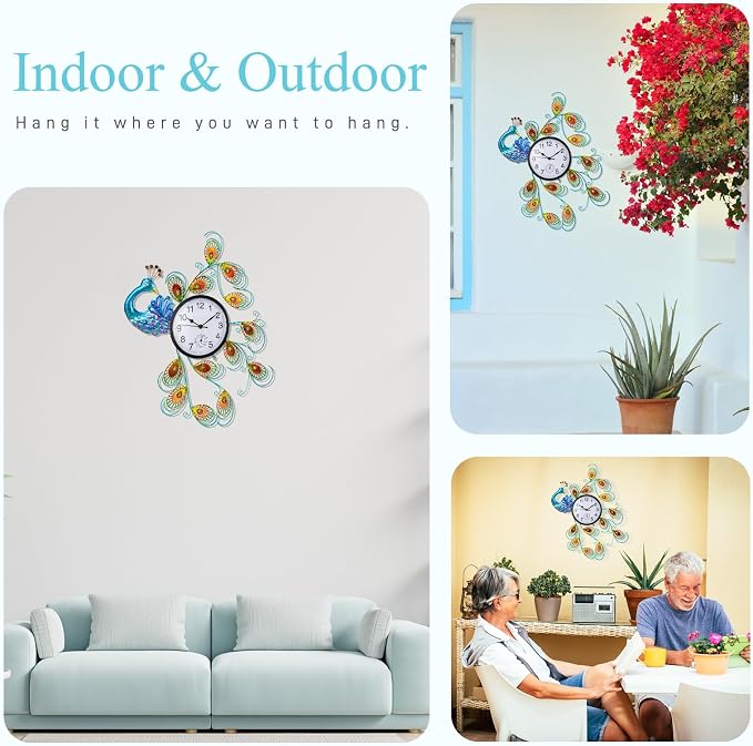 Unique Outdoor Clock Silent None-Ticking, Outdoor Wall Clock with Thermometer, Waterproof Outside Clock for Patio, Living Room, Kitchen (Blue Peacock)