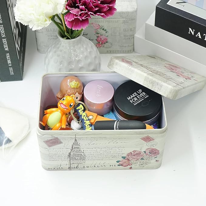 DreamsEden Tin Metal Keepsake Boxes, Vintage Decorative Storage Box with Lid for Keepsakes Memory Seed Tea Container, Set of 2