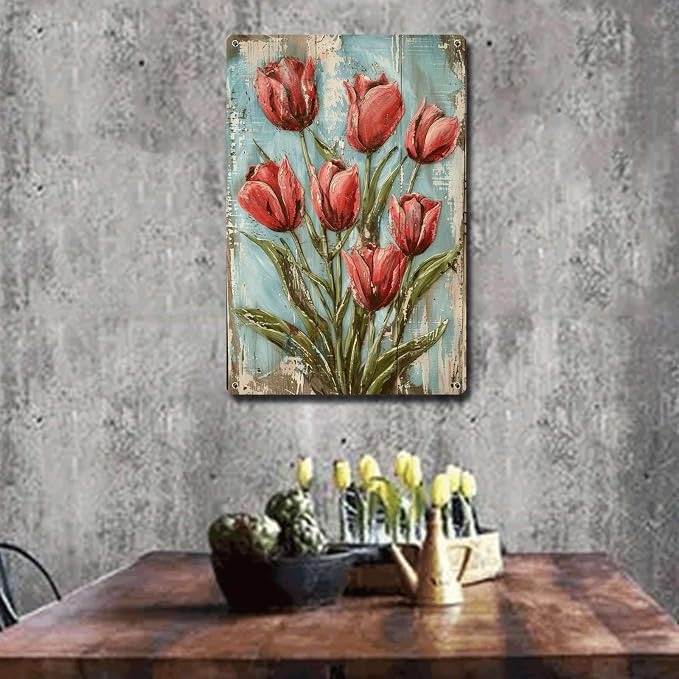 Metal Sign Tin Sign Vintage Wall Art Vintage Shabby Chic Tulip Tin Sign for Rustic Wall Art Elegant Blooms and Weathered Texture Displ Garden Metal Sign for Restaurant 12×16 Inches
