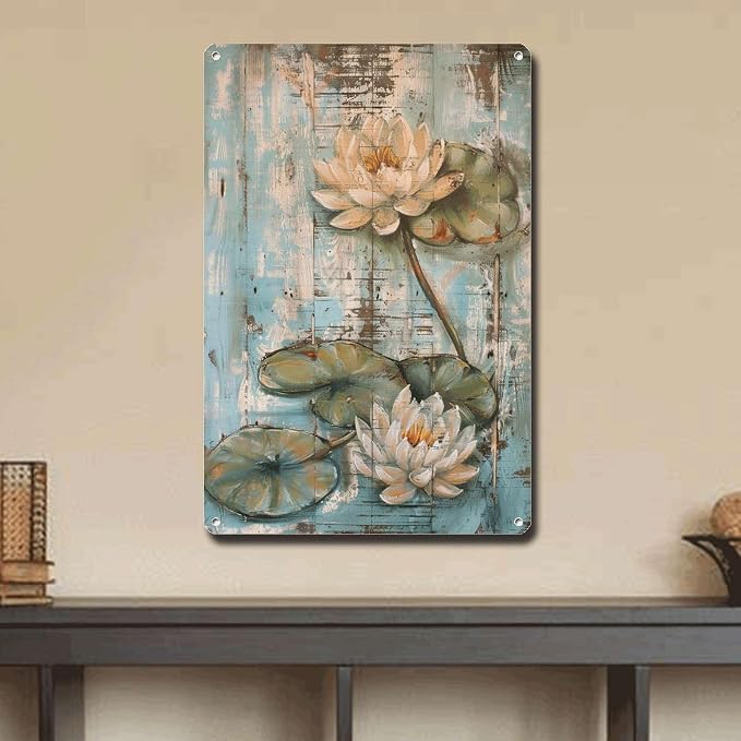 Metal Sign Tin Sign Vintage Wall Art Shabby Chic Water Lilies Tin Sign for Antique Pond Serenity Rustic Wall Art and Distressed Wood P Funny Gardening Gift for Pub 8×12 Inches