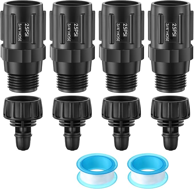 4 Set Drip Irrigation Faucet Adapter Kit, 25 PSI Garden Hose Pressure Regulator, 1/4'' Drip Irrigation Tubing to 3/4'' Faucet, Plumbing Tape