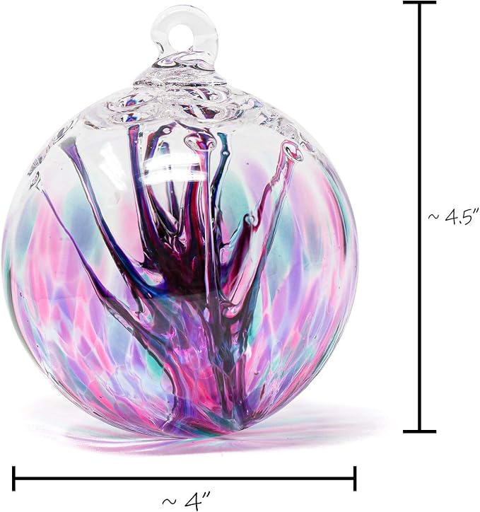Luke Adams Glass | 4" Large Glass Tree of Life | Handmade Ornament | Hanging Garden Gazing Ball | Indoor Outdoor Home Décor | (Pink Violet Teal)