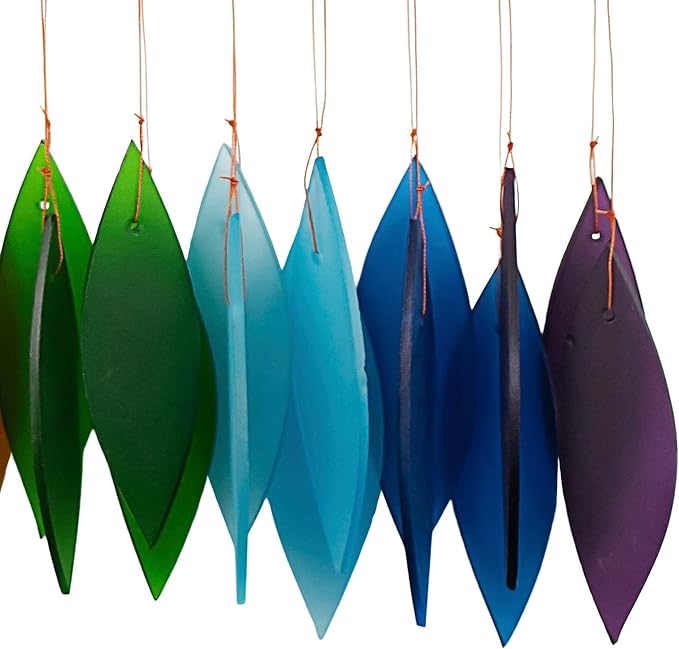 Blue Handworks Rainbow Glass Chime, Sandblasted Glass and Found Wood Handcrafted Wind Chime | Sandblasted Glass and Found Wood Handcrafted Wind Chime