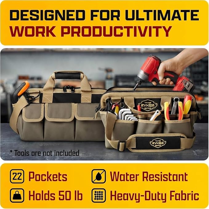 The Ryker Heavy Duty Tool Bags for Men/Women. 14 Inch Small Wide Mouth Mechanic/plumber/Contractor/Electrician Tool Bag Organizer 22Pockets Soft Portable Tools Bags Organizer Toolbag for plumbing