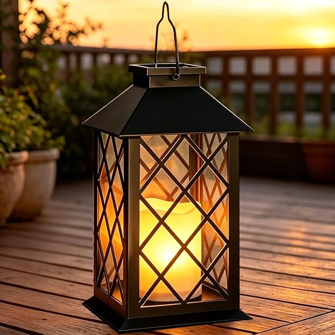 14" Large Solar Lanterns Outdoor Waterproof, Tempered Glass, Hanging Solar Lights with Flickering Flameless Candles, Retro Solar Lantern for Wall Porch Patio Table Garden Decorations, Black