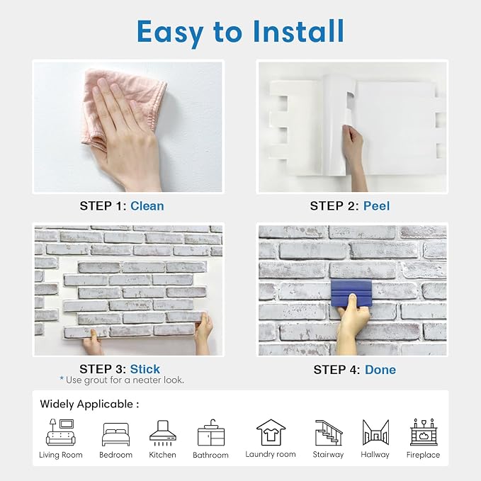 COMSTICKC 3D Whitewash Faux Brick Wall Panel Peel and Stick Wall Covering, 12 Pcs of 22.8" x 11.8", 3D Brick Wall Stickers, UrltraLight PVC Self Adhesive Decorative Tile Interior, Covers 22.48 sq.ft