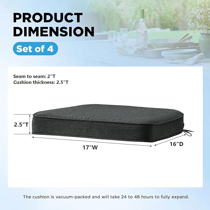 17 x 16 Inch Sunbrella Outdoor Chair Cushions with Tie Straps, Set of 4 Thick Water Repellent Round Patio Chair Pads for Garden Lawn Patio Furniture, Canvas Soot