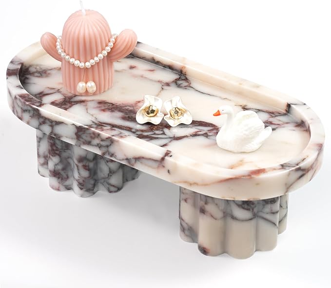 Marble Perfume Tray with Legs - Oval Decorative Stone Pedestal for Bathroom Vanity Coffee Table Kitchen Countertop, Footed Jewelry Candle Organizers Catchall Plate Riser with Scalloped Feet