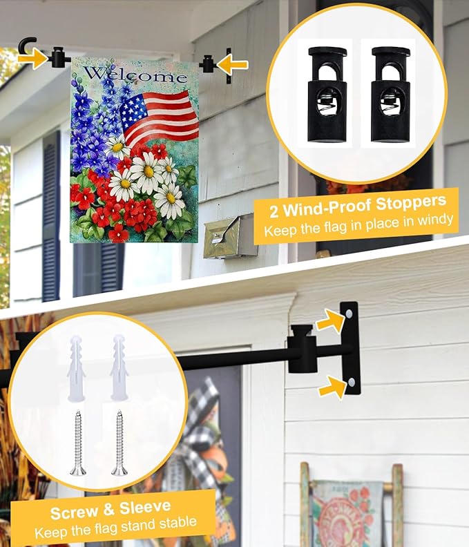 Koutemie Wall Garden Flag Stand Holder Pole with Stoppers for 12 x 18 Outside Small Yard Flags Décor, One Piece Wall Mounted Metal Garden Flag Scroll Hanger for Mailbox Post, Black