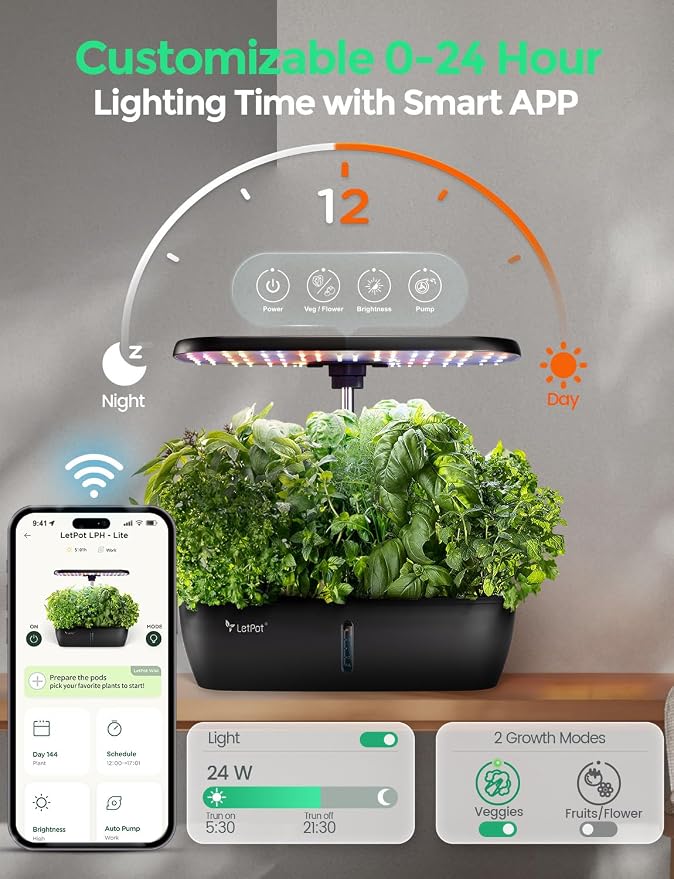 LETPOT LPH-Lite Hydroponics Growing System, 12 Pods Smart Herb Garden Kit Indoor, Indoor Garden, APP & WiFi Controlled, with 24W Growing LED, 5.5L Water Tank, Pump System, Automatic Timer