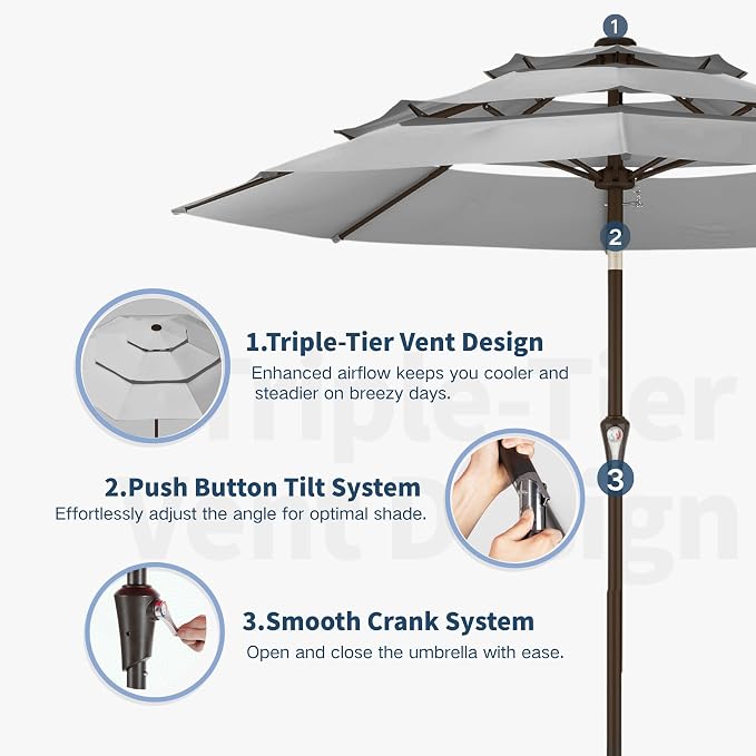 10FT Patio Umbrella 3 Tiers Outdoor Market Umbrella w/Push Button Tilt, Crank, UV and Waterproof Table Umbrella for Garden, Pool, Backyard, Deck, Lawn, Light Gray