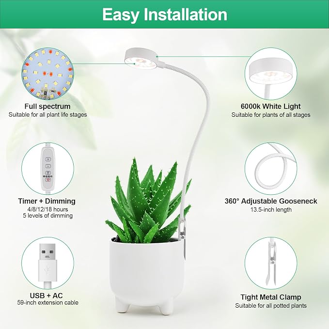 3 Pack Grow Lights, Pot Clip LED Growing Lamp for Indoor Succulents Pot Mini Small Plants,6000K White Full Spectrum with 5-Level Dimmable, Auto Timer 4/8/12/18 Hrs