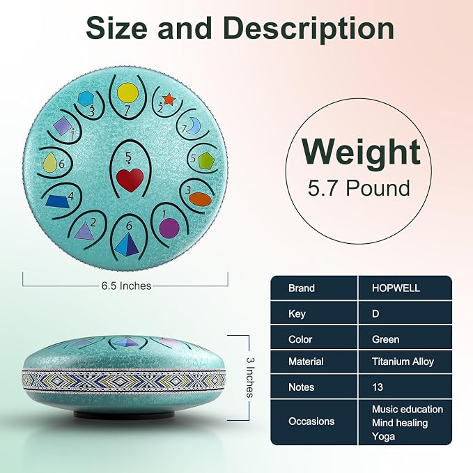 REGIS Rain Drum for Outside Garden, 6.8 Inches 13 Notes Steel Tongue Drum, Waterproof Meditation Rain Chime, UV-Printed Notes & Geometric Design, with Bag, Mallets & Music Book(malachite)
