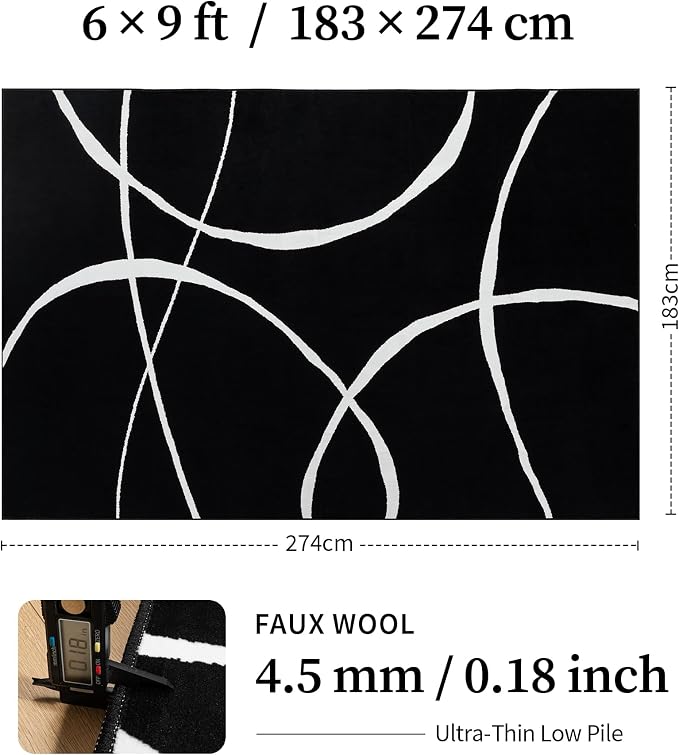 6x9 Washable Modern Abstract Black White Area Rug | Ultra-Thin Low Pile, Non-Slip TPE Backing, Soft Stain Resistant, Machine Washable, for Bedroom Livingroom High Traffic