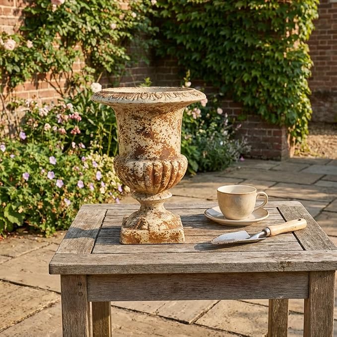 Small 9.1'' H Vintage Urn Planter, Distressed Retro Tabletop Flower Pot with Drainage Hole, Lightweight Decorative Pedestal Planter for Indoor Plants, Office Desk, Shelf, Patio Table Decor
