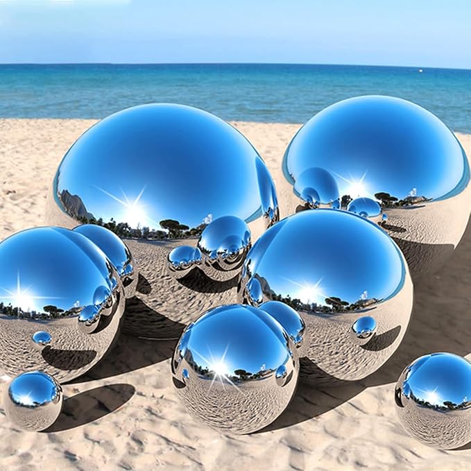 9 Set Stainless Steel Gazing Balls (4" x1, 3.5" x1, 2.4" x2, 1.5" x2, 1" x3), Silver Polished Hollow Reflective Globe, Floating Mirror Sphere for Garden, Pond, Yard, Lawn & Outdoor Home Decor