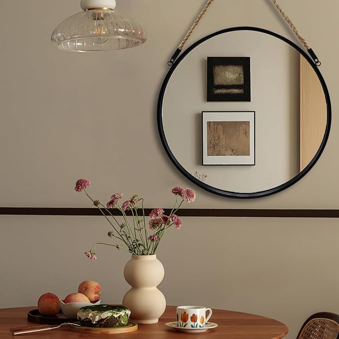 POZINO 24" Round Mirror with Black Frame, Hanging Mirror for Wall | Circle HD Mirror with Jute Rope, Anti-Rust, Farmhouse Decorative Wall Mirror for Entryway, Living Room, Fireplace, Bathroom