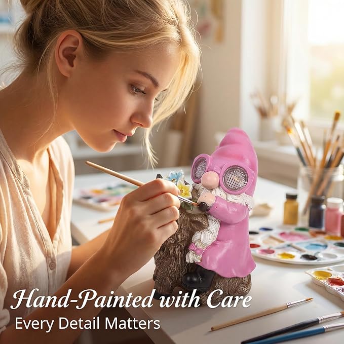 iStatue Solar Highland Cow Garden Statue with Animated LED Goggles - 8.7" Resin Gnome Figurine Moving Pixel Matrix Eyes Unique for Mom Women (Pink)