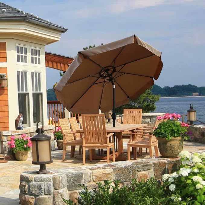 ABCCANOPY 10ft Scalloped Patio Umbrella, Outdoor Table Umbrella with Tilt and Crank, Fiberglass Ribs Deck Umbrella for Patio, Pool, Garden, Picnic (Brown)