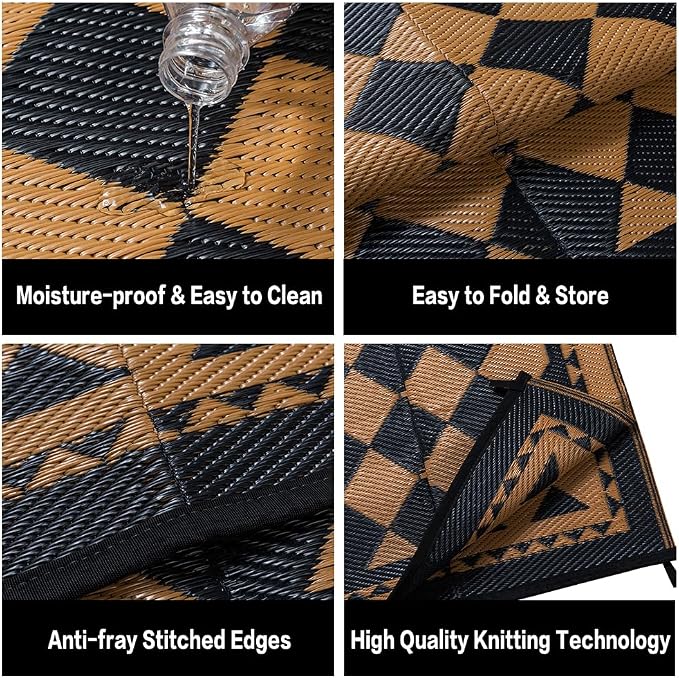 HUGEAR Outdoor Waterproof Rug 6'x9' Plastic Straw Rugs Washable Reversible Floor Mat Brown Plaid Carpet for Camping RV Deck Entryance Porch Picnic Balcony Beach Backyard