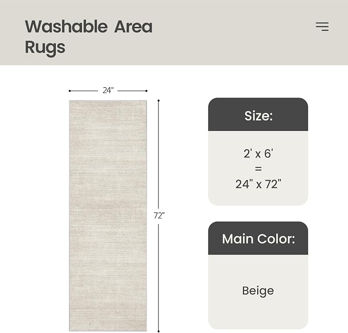 Valenrug 2x6 Runner Rug Non Slip, Washable Rug Runners for Hallways, Beige | Soft Low Pile, Thin & Lighweight Carpet, Folable Stain Resistant Modern Indoor 6ft Floor Mat for Living Room,Bedroom,Kitchen