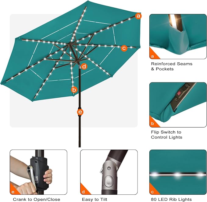 EliteShade USA 10-Year-Non-Fading 10ft 3-Tier Market Patio Umbrella, Commercial Table Umbrella with 80 Solar LED Lights, Crank Open, Windproof & UPF 50+ UV Protection for Garden, Deck, Pool, Backyard, Teal