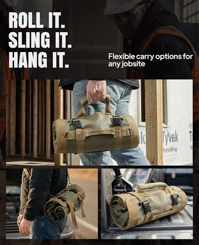 Tool Roll Up Bag, 1680D Heavy Duty Tool Bag Organizer with 2 Detachable Tool Pouches & Multiple Pockets, Waterproof Motorcycle Tool Roll for Mechanic & Electrician, Gift for Men Him Dad, 21.9"*13.8"