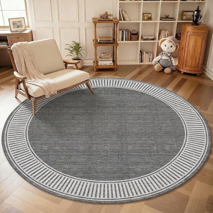 GarveeHome 6ft Round Rug for Living Room Washable Modern Solid Circle Rugs | Grey Non Slip Stain Resistant Dining Room Throw Carpet for Bedroom Nursery, Grey