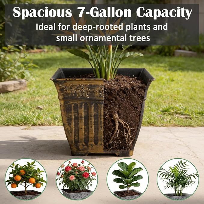 14 Inch Vintage Square Planter - 4 Pack Heavy Duty Antique Gold Plastic Flower Pot with Drainage & Raised Base, Retro 7 Gal Plant Container for Outdoor Patio, Porch, Indoor (13" Tall)