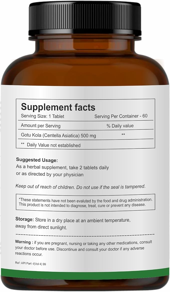 Herb Essential Organic Gotu Kola (Centella Asiaticaf) 500mg, Vegetarian 60 Tablets, Gluten Free Supplement with No Added Colors, Flavors and Preservatives