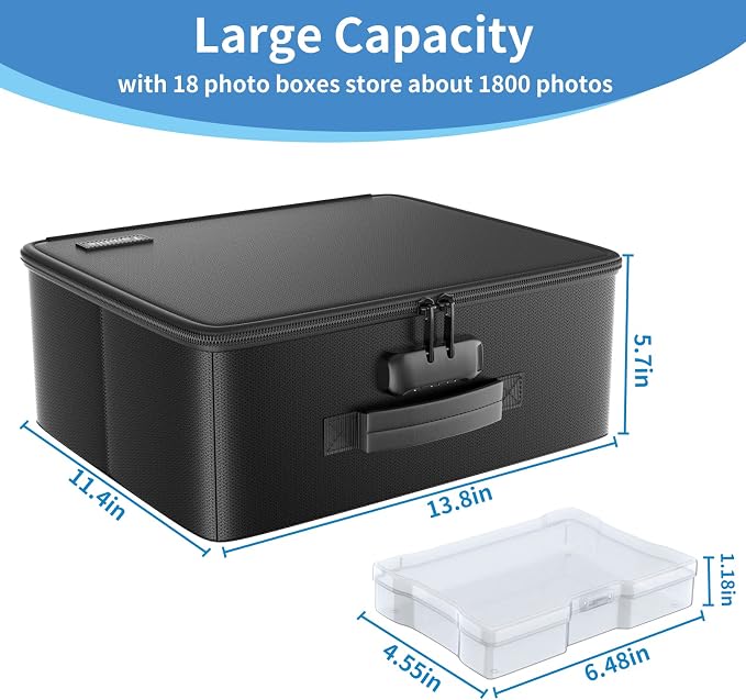 Fireproof Safe Photo Storage Box with 18 Inner 4" x 6" Clear Photo Cases, Portable Photo Organizer with Lock for Picture, Collapsible Photo Container with Handle and 18 Boxes 4 Sheet Label Stickers | Portable Photo Organizer with Lock for Picture, Coll...