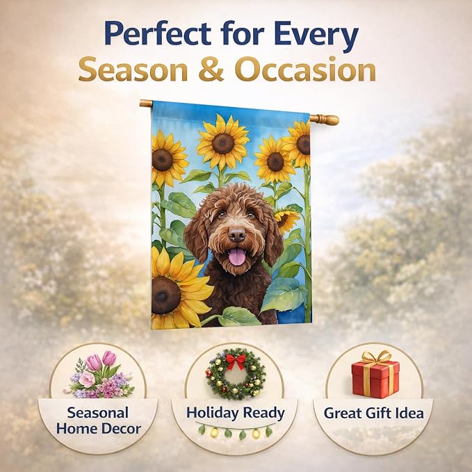 Caroline's Treasures DAC6112CHF Labradoodle in Sunflowers House Flag Large Porch Sleeve Pole Decorative Outside Yard Banner Artwork Wall Hanging, Polyester, House Size, Multicolor