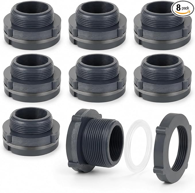 YOUNTHYE 8 Pack 2 Inch PVC Bulkhead Fitting, Double Threaded NPT Water Tank Connector, Bulkhead Pipe Adapter for Rain Barrels, Aquariums, Ponds, Tubs and Water Storage Projects