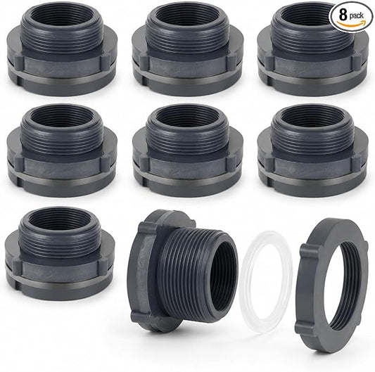 YOUNTHYE 8 Pack 2 Inch PVC Bulkhead Fitting, Double Threaded NPT Water Tank Connector, Bulkhead Pipe Adapter for Rain Barrels, Aquariums, Ponds, Tubs and Water Storage Projects