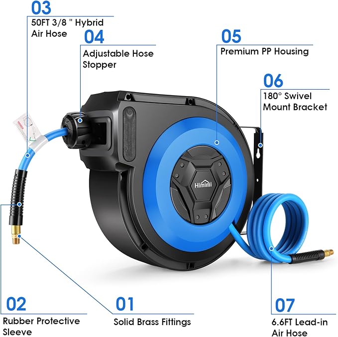 Himimi 50FT + 6.6FT Retractable Air Hose Reel, Ceiling/Wall Mount Penumatic Hose Reel for Garage Workshop, Auto Rewind, 3/8" x 50' Hybrid Air Hose Reel with Brass Fittings + Bend Restrictors, 300PSI