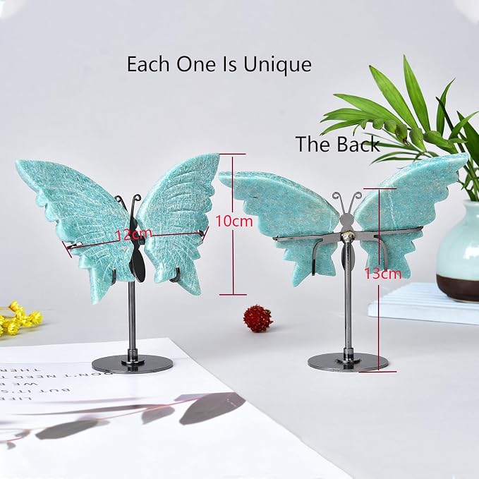 JIC Gem Natural Amazonite Stone Crystal Butterfly Art Wings Carving Craft Ornament Healing Crystal Stones with Display Stand Decoration Reiki Energy Balance (1pair, 10cm)