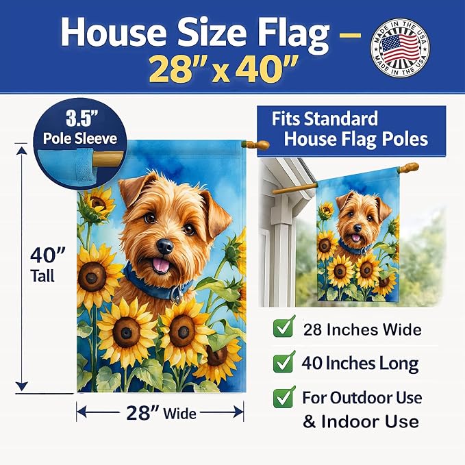Caroline's Treasures DAC6125CHF Norfolk Terrier in Sunflowers House Flag Large Porch Sleeve Pole Decorative Outside Yard Banner Artwork Wall Hanging, Polyester, House Size, Multicolor