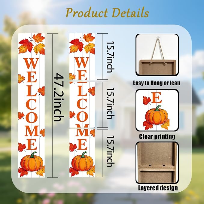 Fall Welcome Porch Sign | Vertical Wooden Welcome Sign with Pumpkin & Maple Leaves | Farmhouse Autumn Thanksgiving Harvest Decor | Front Door Indoor/Outdoor Home Decoration