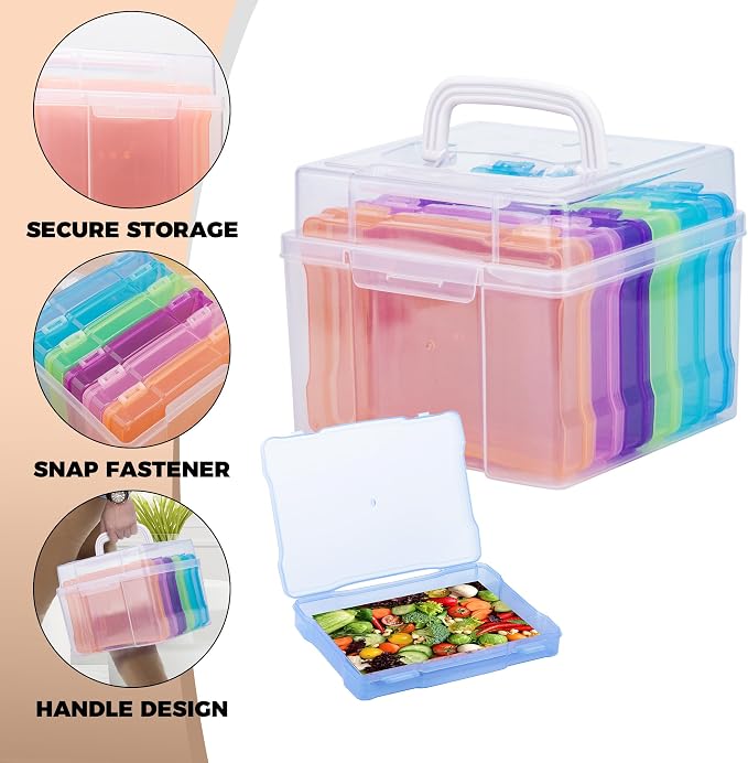 5×7 Photo Storage Box With Handle,Plastic photo keeper With 6 inner 5×7inch photo cases,Card Organzier Craft Storage box for pictures,stamps,seeds (Colorful With Handle)