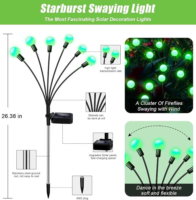NBQQ Solar Garden Lights Outdoor, Waterproof Solar Powered Lights for Yard Pathway Patio, Swaying Lawn Decor as Gardening Gifts for Women Holiday(Green,4 Pack)