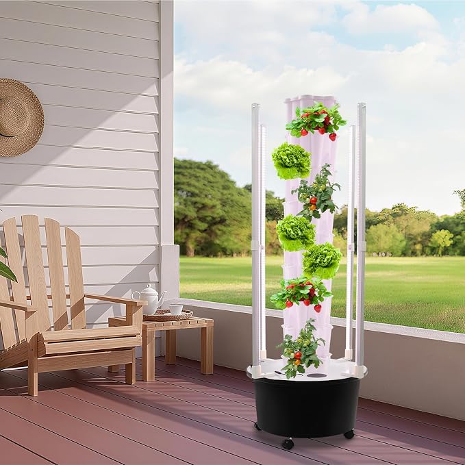 8 Tier Hydroponic Growing Tower with Led Grow Lights Water Pump, 48 Planting Pots Vertical Garden Indoor Outdoor Automatic Water Circulation System, Locking Wheels for Home, Patio, Balcony