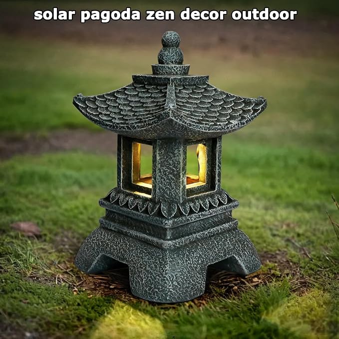 Solar Pagoda Decors Garden Statues, Zen Asian Outdoor Statues Accessories Japanese Pagoda Lamp Lantern for Garden Balcony Patio Porch Yard Art Ornament Decoration, 12 Inches