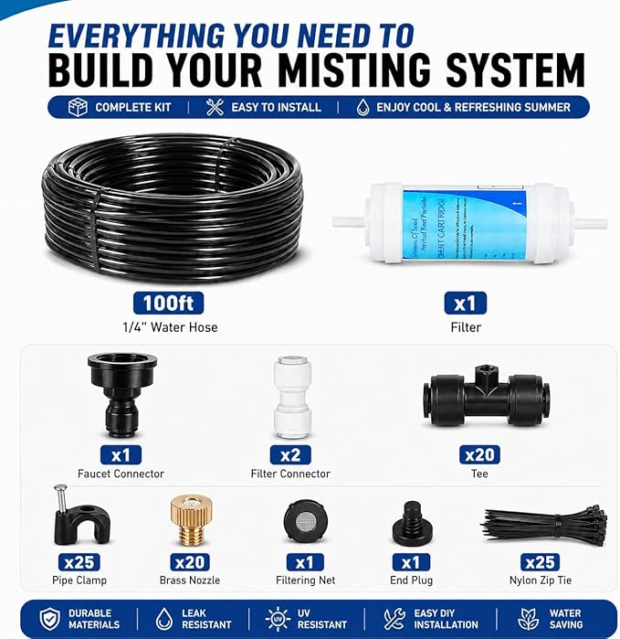 100FT Misters for Outside Patio, Outdoor Misting Cooling System with 20 Brass Nozzles & Filters, DIY Misting Kit for Backyard Garden Greenhouse Deck Umbrella Canopy Pool Porch Trampoline